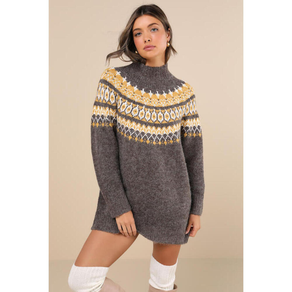Lulus Wintertime Comfort Charcoal Fair Isle Sweater Mini Dress Grey - Size XS